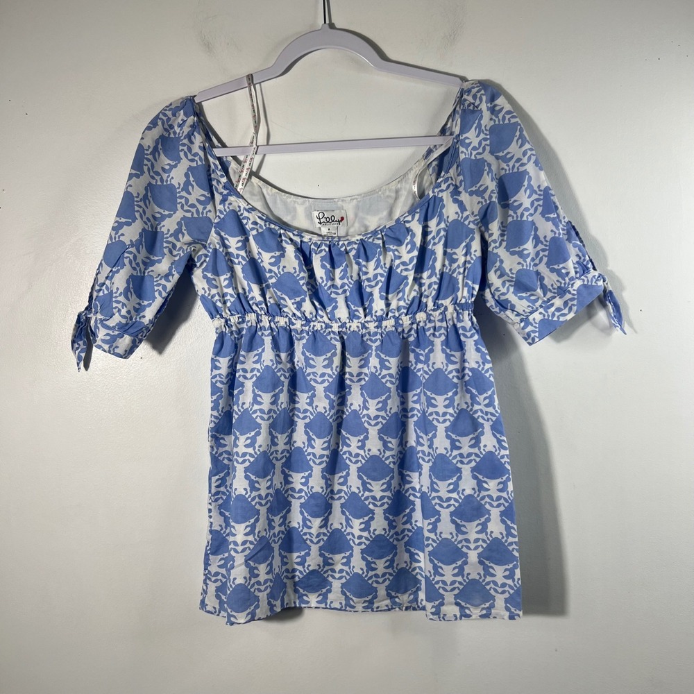 Womens Vintage Lilly Pulitzer Baby Doll Crab Blouse Blue White 4‎ Cotton
